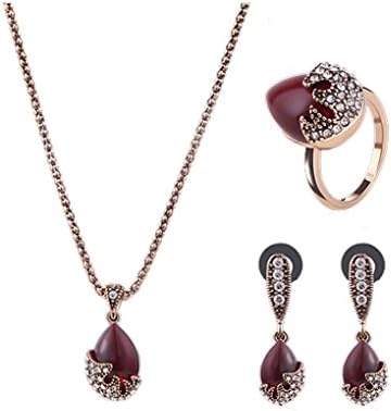 Turkey Series Red Rubine Necklace Rhinestone Ring Earrings Birthday Gift Jewelry Set Gold
