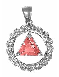 Alcoholics Anonymous Symbol Birthstone Pendant, #772-2, 13/16" Wide and 1-1/8" Tall, Sterling Silver, Rope Style Circle with a 8mm Cubic Zirconia Triangle, January Garnet Color