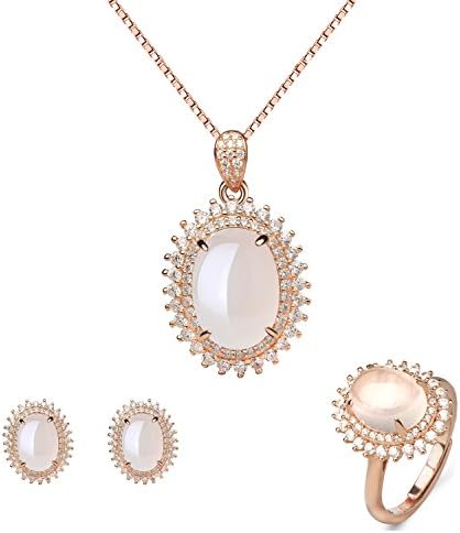 18K Rose Gold Plated Sterling Silver Natural white Jade Pendant Necklace, Rings, Earrings 18" YBJ-113