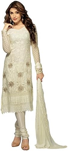 Whatshop Women's Casual Designer Bollywood Embroidered Straight Suit Free Size White