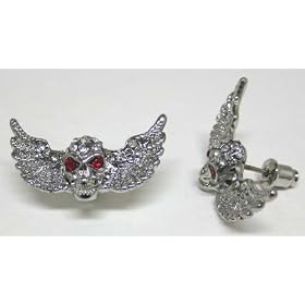 Beautiful Chrome Winged Skull Rhinestone Stud Earrings