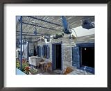 Breakfast Bar with Bird Cages, Thira, Cyclades Islands, Greece Framed Art Poster Print by Michele Molinari, 22x18