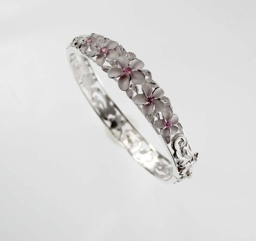 Silver Plumeria Floral Bracelet w/pink CZ. 12mm * FREE Shipping from Hawaii