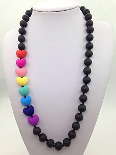 Baby and Mommy Beads Food Silicone Teething - Food grade Silicone Teething Necklace with heart beads baby chew necklace Nursing necklace wholesale silicone necklace teether (Black Rainbow)