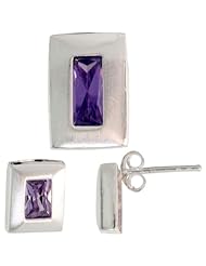 Sterling Silver Matte-finish Rectangular Earrings (9mm tall) & Pendant Slide (14mm tall) Set, w/ Emerald Cut Amethyst-colored CZ Stones