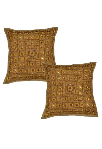 Imagen principal de Cojín de algodón Cubre con plata Zari & Size Mirror Work 16 x 16 pulgadas Juego de 2 piezas