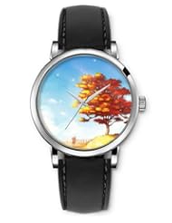 SPRAWL Aanalog Fashion Series Silver Ladies Watches of Genuine Black Leather Strap,Unique Wrist Watch for Women Girls Designed with Beautiful tree in autumn
