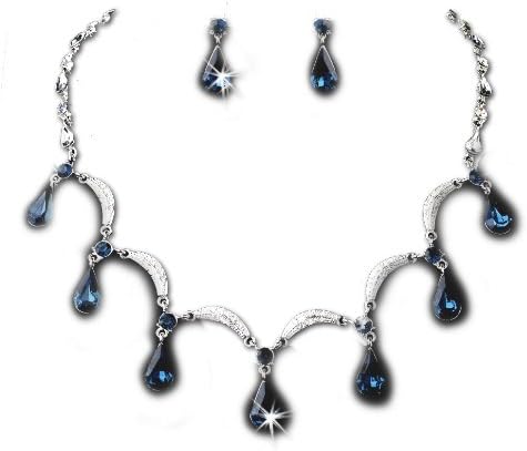 Silver-Tone Blue Crystal Teardops Necklace Earring Set Bridal Jewelry