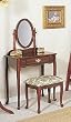 Traditional Cherry Finish Wood Vanity Table, Mirror & Stool/Bench Set
