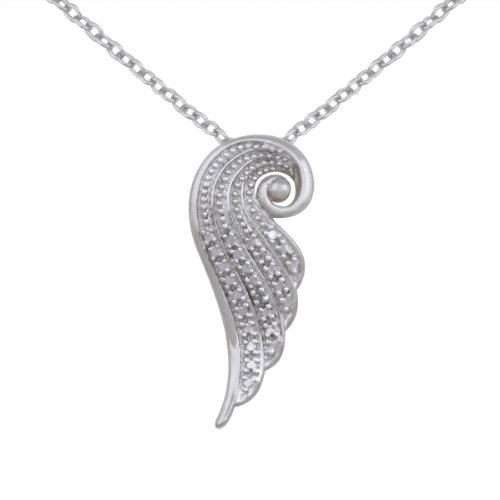 Rhodium Plated Sterling Silver Diamond Accent Angel Wing Necklace 18