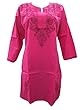 Womens Tunic Hand Embroidered Cotton Stylish Pink Long Kurta Dress M