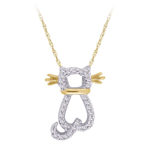 14K Two Tone Gold 0.12 ct. Diamond ''Cat'' Pendant with Chain