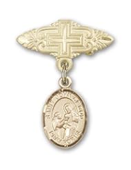 14K Gold Baby Badge with St. John of God Charm and Badge Pin with Cross