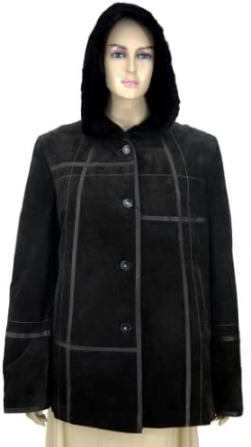 Women's Soft Leather Shearling Lining Coat with Hood Black