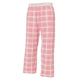 Pink and white and green tartan plaid check flannel cotton pants for lounging, sleep, sports. Unisex relaxed fit, available in 3 Youth sizes, exposed elastic waist