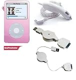 Pink Cover Skin Silicone Case for Apple Ipod Video 60GB + White Car Charger for Apple Ipod Video + White Data Cable for Apple Ipod Video