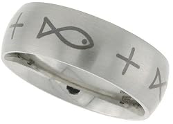 StainlessSteel3/8in.(9mm)ComfortFitBandw/CrossandChristianFish(AvailableinSizes7to14),size9