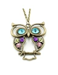 Stone River Jewellery Blue Eyed Bronze Tone Owl Pendant Long Chain Necklace Vintage Style Lilac, Lemon & Pink Stones