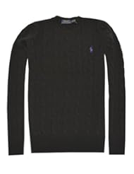 Apparel: Polo Ralph Lauren Womens Merino Wool Cashmere Crew-Neck Cable Sweater (S, Polo Black)