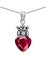 Genuine TRUE LOVE (tm) 925 Sterling Silver Created Ruby Heart With Crown Pendant