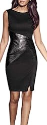Sleeveless Cocktail Above the Knee Round Neck Leather Bodycon Dress 