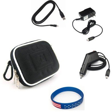 Garmin Nuvi 1260T Accessory Bundle - Premium Nylon/ EVA Carrying Case (Black) + Car Charger + Home Travel AC Charger + USB Data Cable + Free Stars Stripes Silicone Wristband
