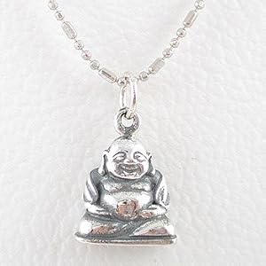 Small Sitting Laughing Buddha Pendant in Sterling Silver on a 16" Rhodium and Sterling Silver Bead Chain, #8285