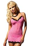 ToBeInStyle Two Piece Set Lace Front Chemise And Thong Black Lace Trim Mesh Back - Pink