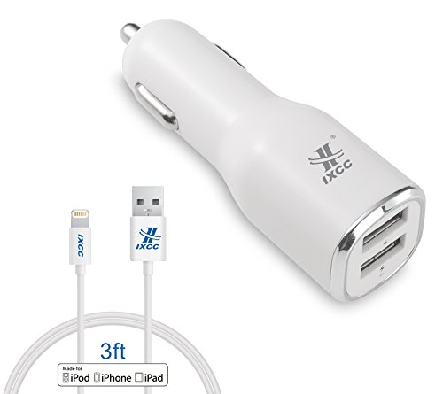 iXCC Dual USB 4.8Amp 24W Universal High Capacity Fast Car Charger Bundle with 8-Pin Lightning Cable (Apple MFi Certified) for Apple Devices - White