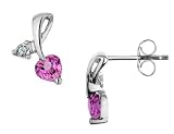 Created Pink Sapphire Heart Earrings with Diamonds 7/10 Carat (ctw) in Sterling Silver
