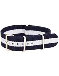 18mm Classic SS Nylon Striped Navy Blue / White - Easily Interchangeable Replacement Military Watch Strap / Band - Fits All Watches!!!