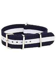 22mm Classic SS Nylon Striped Navy Blue / White - Easily Interchangeable Replacement Military Watch Strap / Band - Fits All Watches!!!