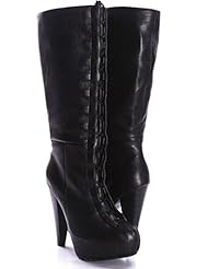 Shoes: Forever Link FAUX LEATHER LACE UP STACKED HEEL KNEE HIGH BOOTS Shoes 8 BLACK