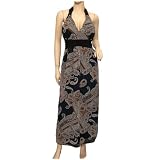 Plus size Empire Waist Low Cut V-Neck Maxi Halter Dress Brown