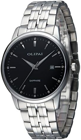 OLIPAI Men's Dress Sapphire Wrist Watches Swiss Quartz Black Dial with Steel Band &amp; Day