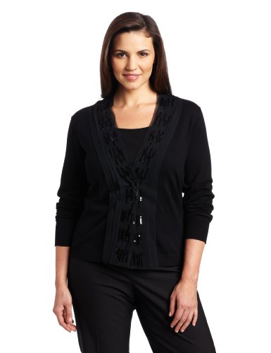 Ak Anne Klein Women's Plus Size Longsleeve V-Neck Cardigan with Chiffon Trim, Black, 2x Ak Anne Klein Women's Plus Size Longsleeve V-Neck Cardigan with Chiffon Trim, Black, 2x