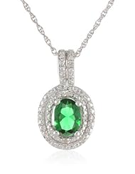 Sterling Silver Simulated Emerald and Diamond-Accented Oval Pendant Necklace, 18"