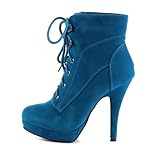 Damen Schuhe, STIEFELETTEN, HIGH HEELS PLATEAU SCHNÜRER, L6377, Synthetik in hochwertiger Velour Leder Optik, Türkis, Gr 41