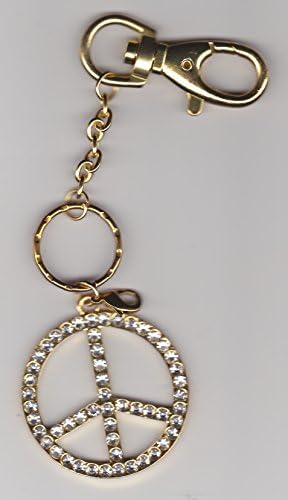 Peace Sign Symbol Key Chain With Bling Rhinestone Crystals & Gold Hardware (3-In-1 : Has Key Loop, Lobster Claw & Clip To Interchange As A Key Chain, Purse Charm Or Zipper Pull)
