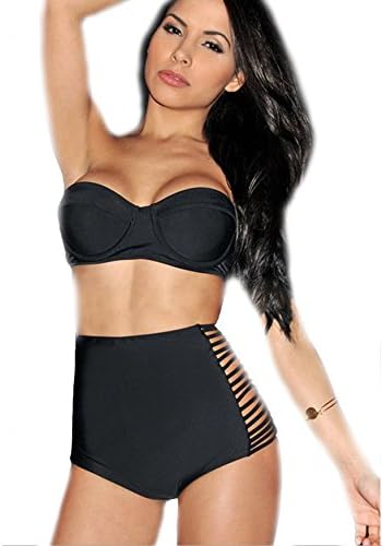 Push up Swimsuit Retro Vintage High Waist Bikini Sets Black Polka Top (S, black)