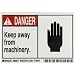 Brady 86811,  Equipment/Oem Labels, 3 1/2" Height x 5" Width, Black/Red on White, Legend "Keep Away From Machinery."  (5 per Package)