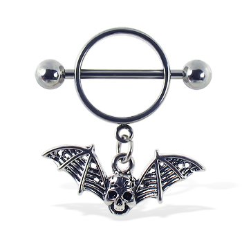 Nipple ring with dangling skull bat
