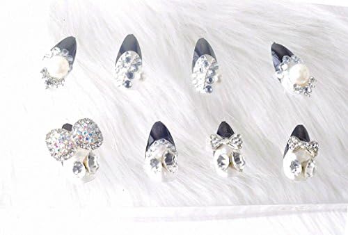 3d Nail Tips, Full Cover False Stiletto Nails with Stone