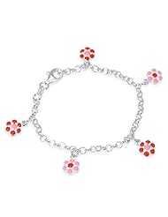 Unicornj Sterling Silver Childrens Bracelet with Red and Pink Flower Charms
