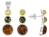 STERLING SILVER GREEN YELLOW AND ORANGE AMBER PENDANT AND EARRINGS SET
