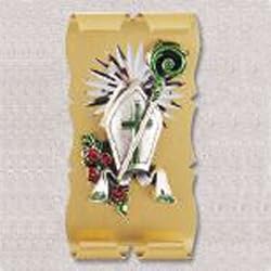 Confirmation Wall Plaque - Height: 2" - Gold Colored Metal with Mitre Design - picture-frame style pull-out stand