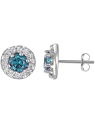 2.50 CT Blue & White Diamond Cluster Earrings 14K White Gold