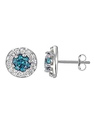 1.50 CT Blue & White Diamond Cluster Earrings 14K White Gold