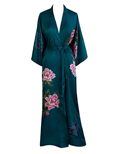 Old Shanghai Women's Kimono Robe Long - Watercolor Floral, peony & bird - teal