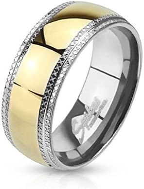 Mens Stainless Steel with Etched Edges and IP Center Band Ring - Size 9